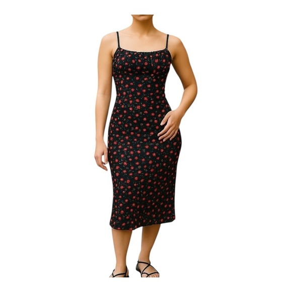 Stellino Floral Y2K Bodycon Dress Black‎ Red Rose Print Lace Trim Women Size 8 - Picture 1 of 9